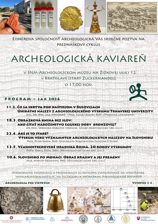 plagát k podujatiu Archeologická kaviareň zobrazujúci informácie o podujatí a termíny prednášok