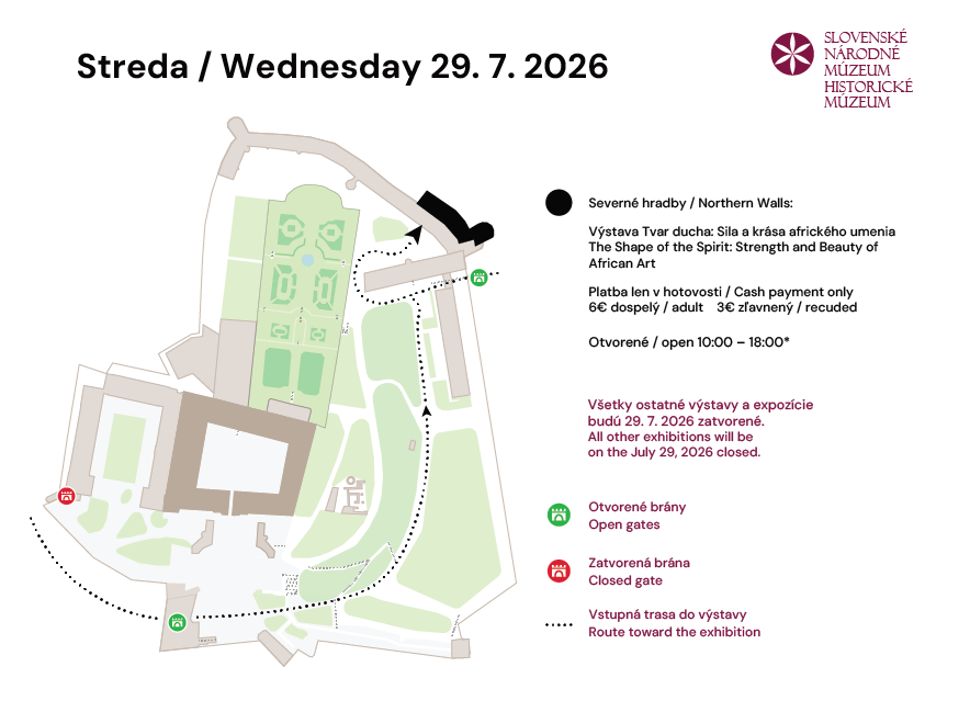 mapa zobrazujúca, ktoré časti areálu Bratislavského hradu budú dostupné dňa 29.7.2026 