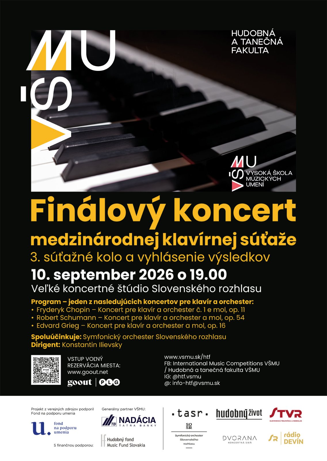 Finálový koncert Medzinárodnej klavírnej súťaže VŠMU sa uskutoční 10. septembra vo Veľkom koncertnom štúdiu Slovenského rozhlasu. / Zdroj: VŠMU